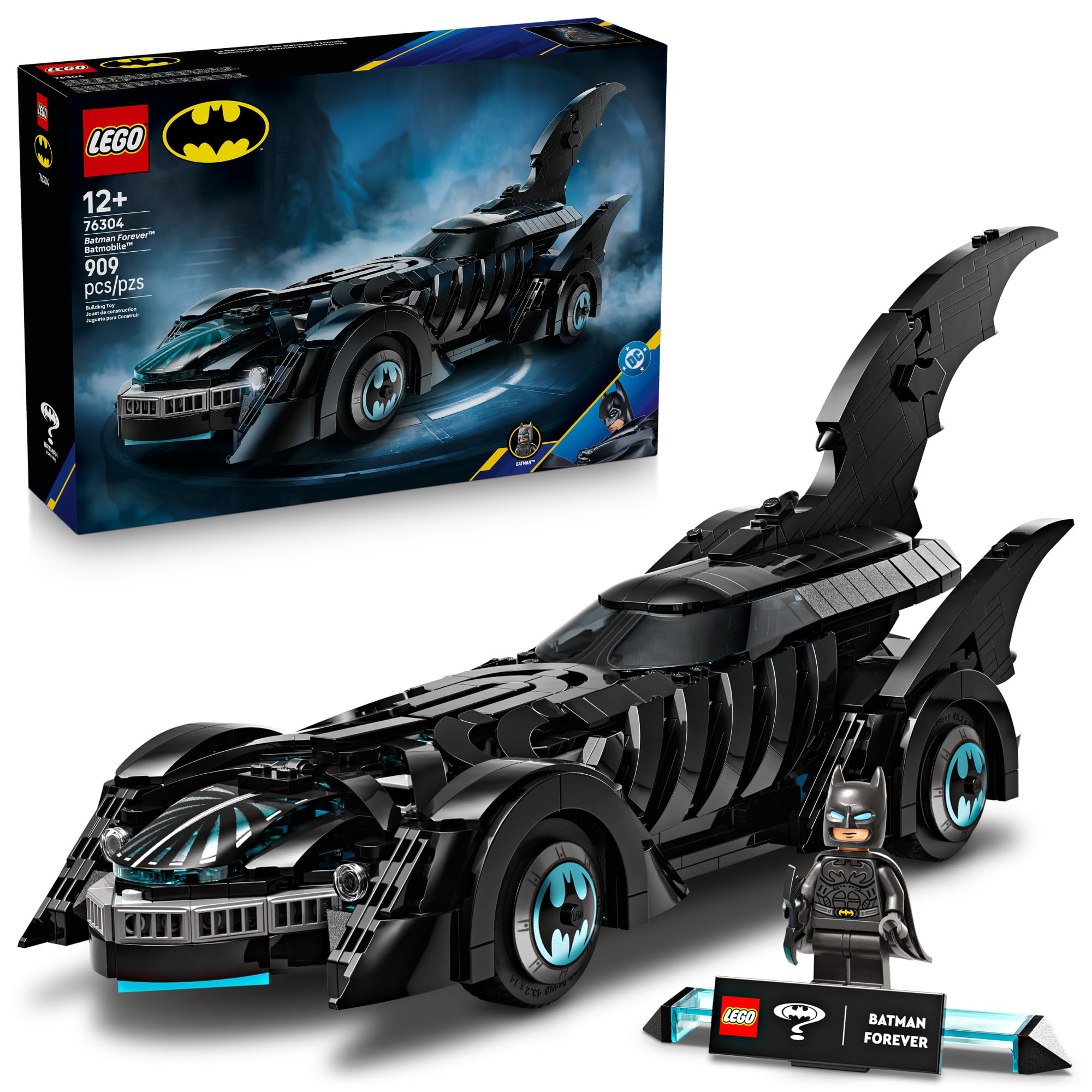 LEGO Batman Forever Batmobile front view highlights the finned silhouette for display and build pride.