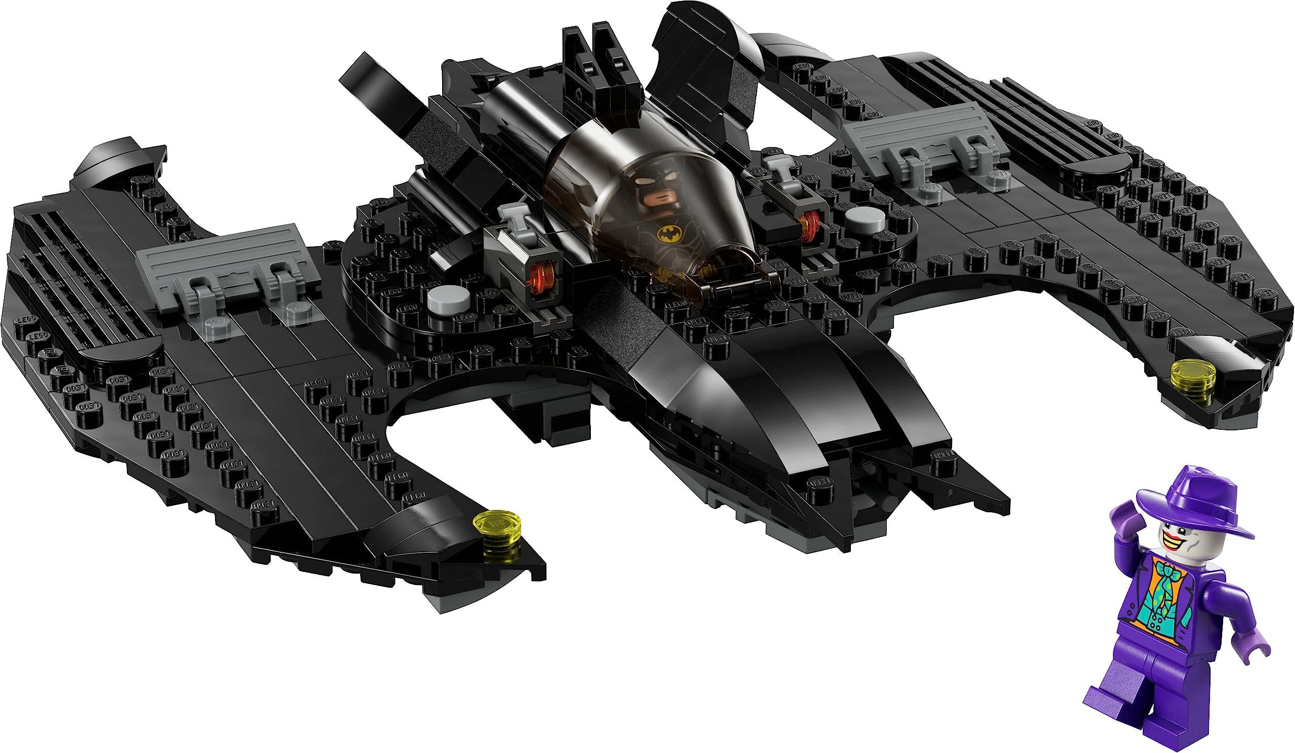 LEGO Batman minifigure with cape showcased beside Joker.