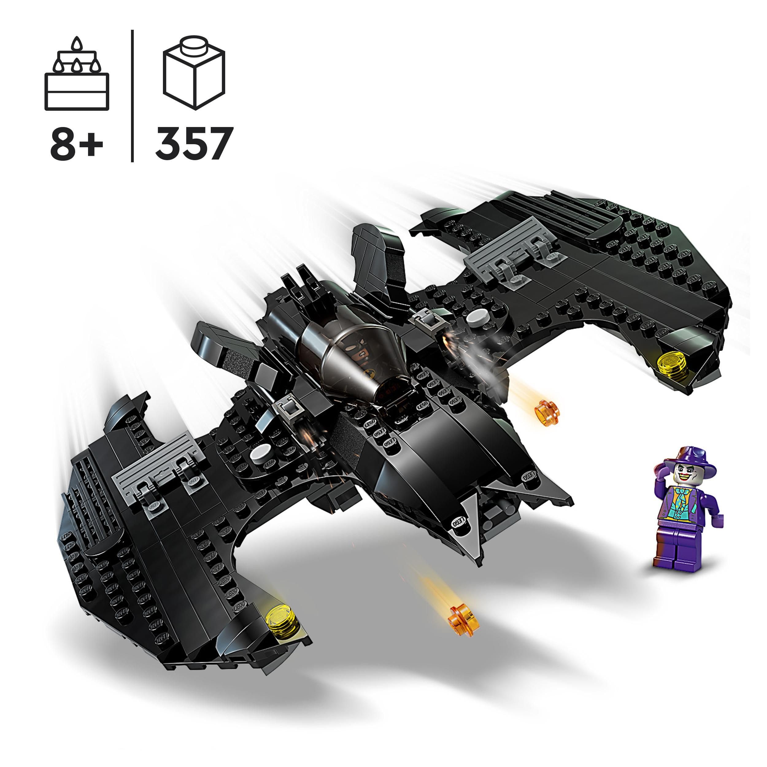 LEGO DC Batwing catapults shown for dynamic battle moments.