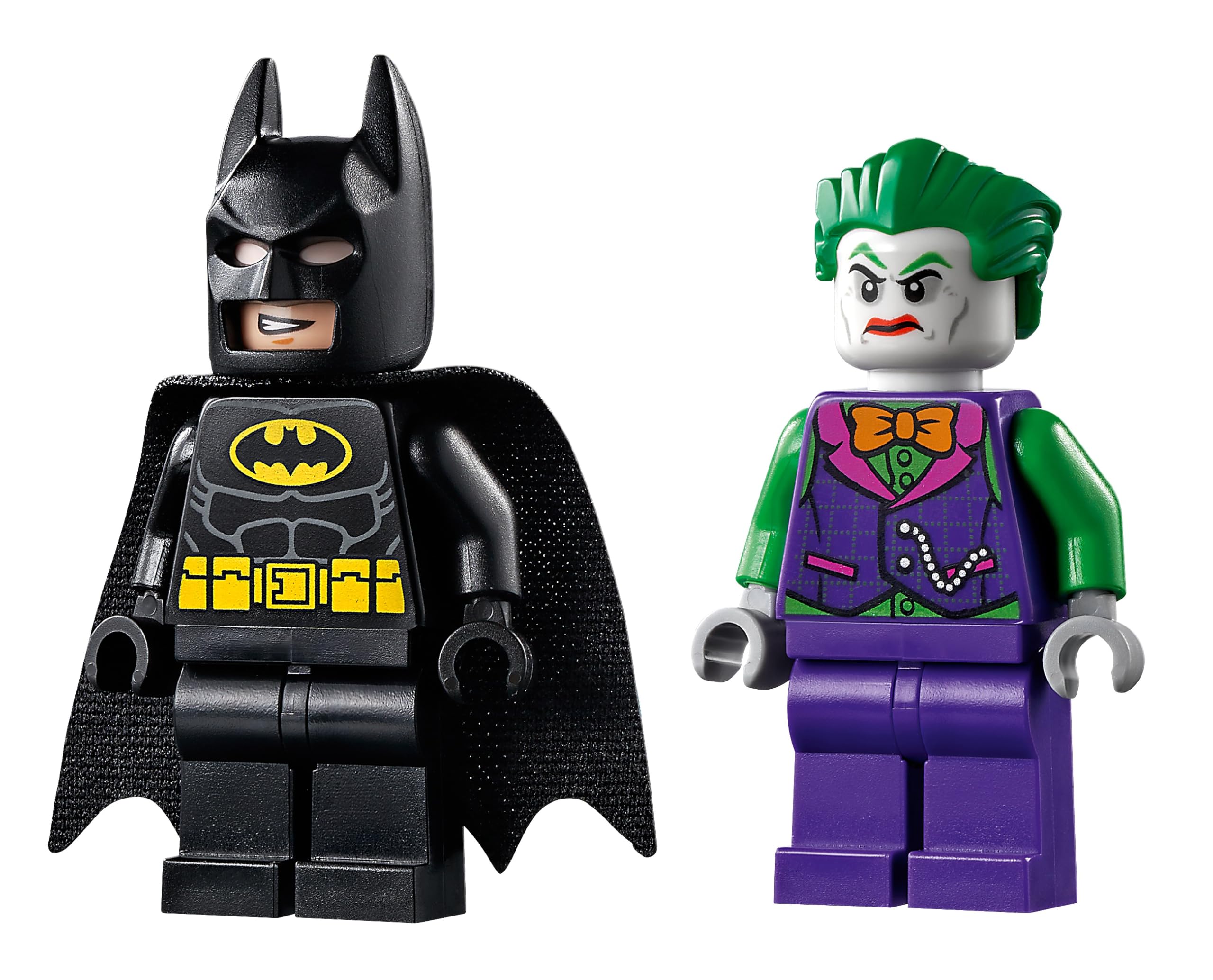 LEGO Joker minifigure with orange bow tie and crowbar for comic-book scenes.