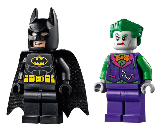 LEGO Joker minifigure with orange bow tie and crowbar for comic-book scenes.