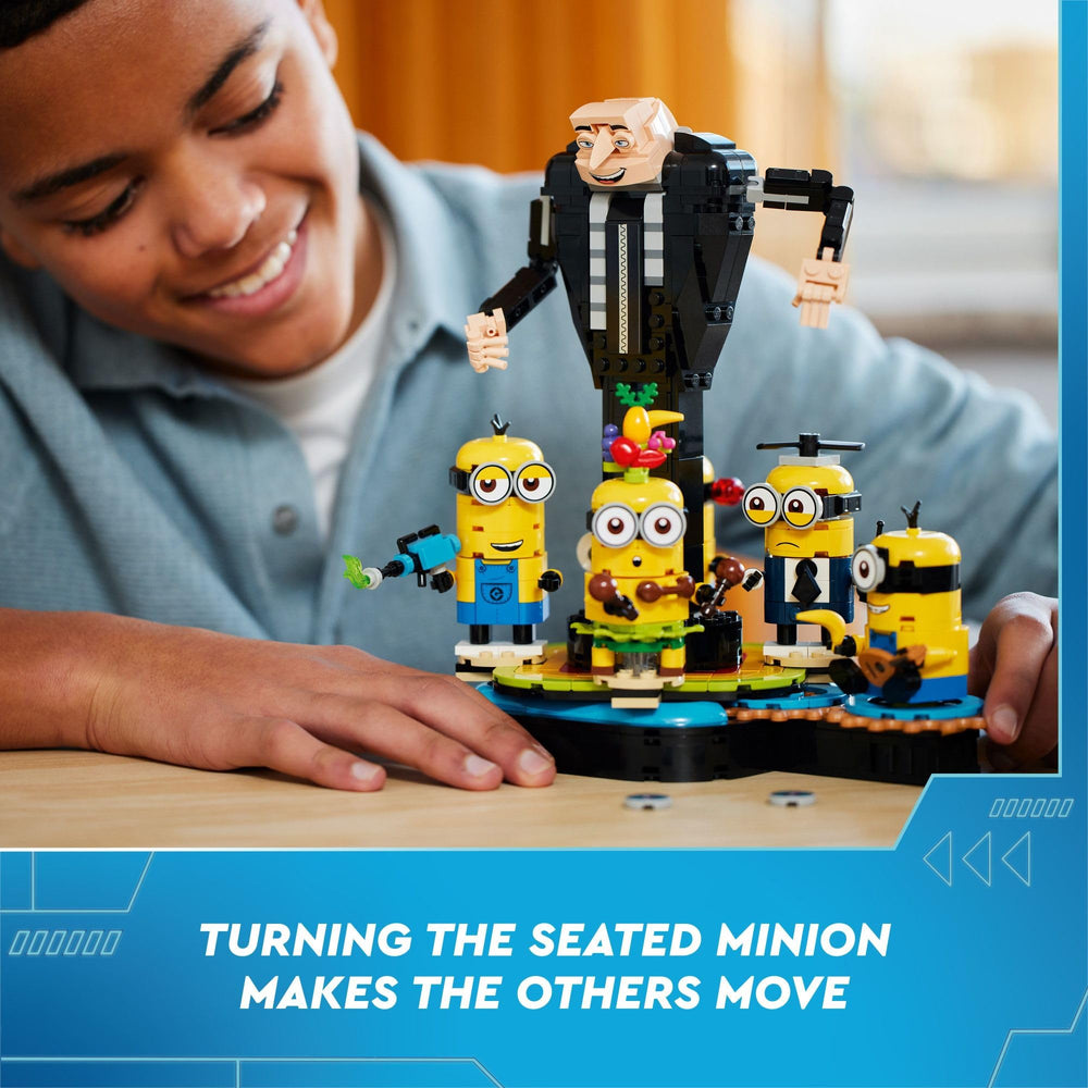 LEGO Despicable Me 4 Dave Minion with propeller and walkie-talkie—mission-style play.