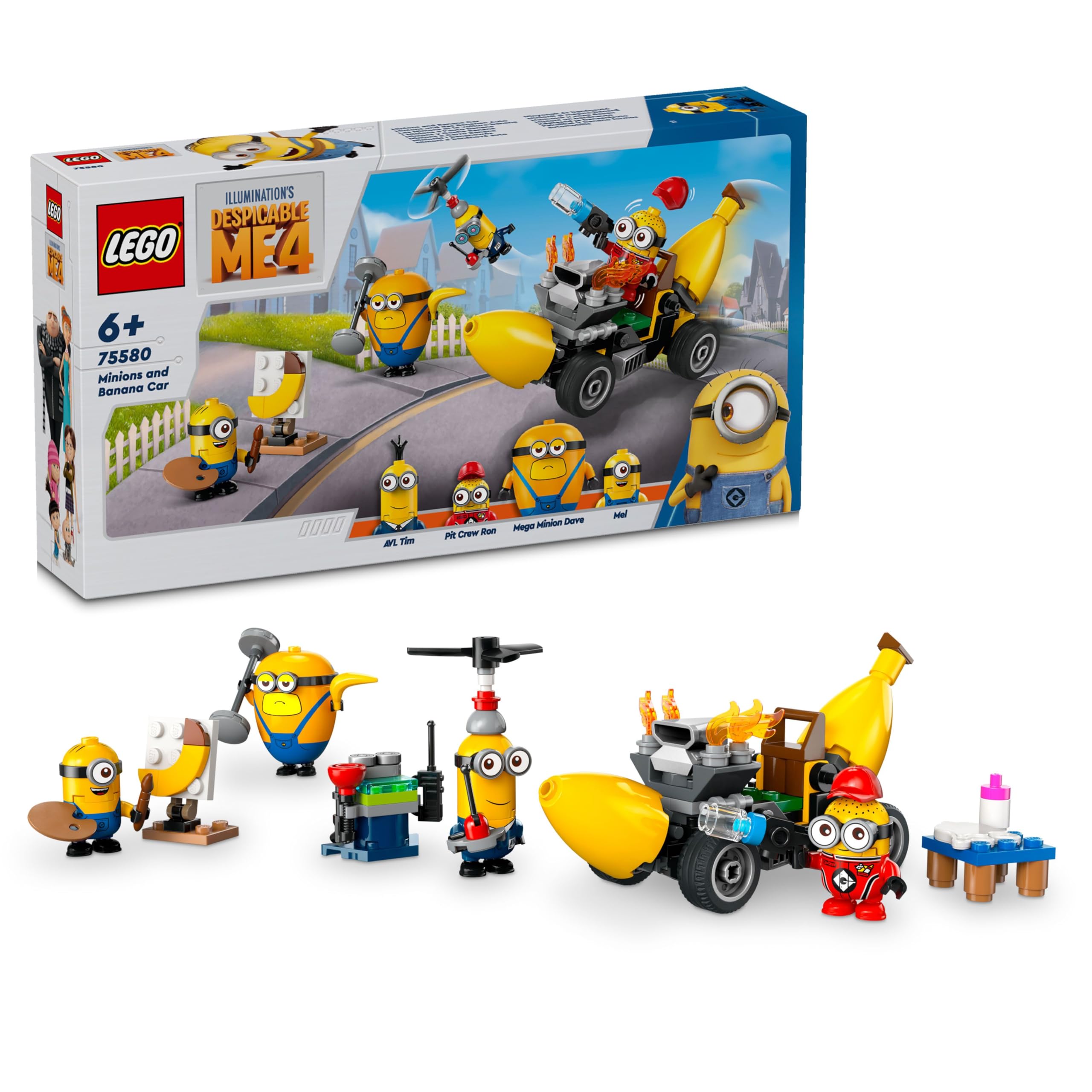 LEGO Despicable Me 4 Minions banana car front view fuels imaginative play for ages 6 and up.