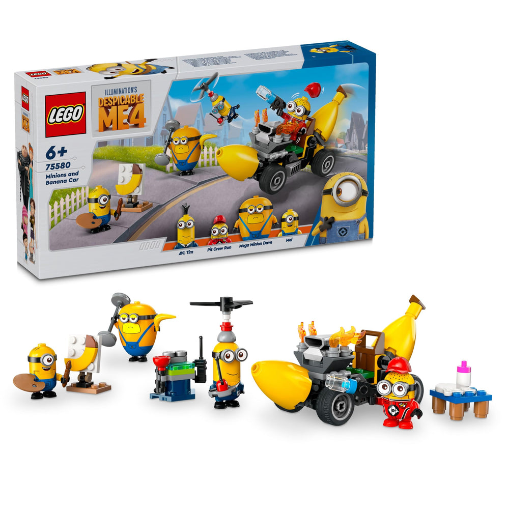 LEGO Despicable Me 4 Minions banana car front view fuels imaginative play for ages 6 and up.