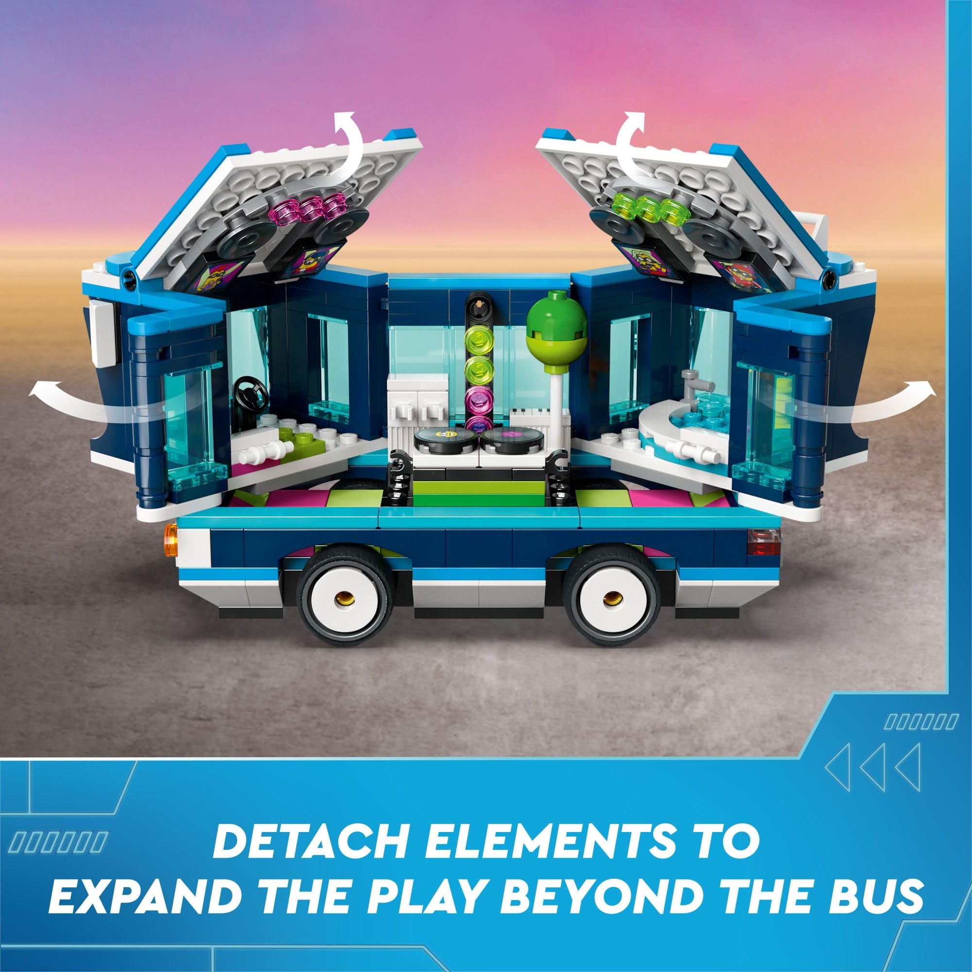 LEGO Despicable Me 4 Minions Music Party Bus dance floor scene inspires creative play.