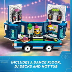 LEGO Despicable Me 4 Minions Music Party Bus DJ station view sparks dance floor adventures.