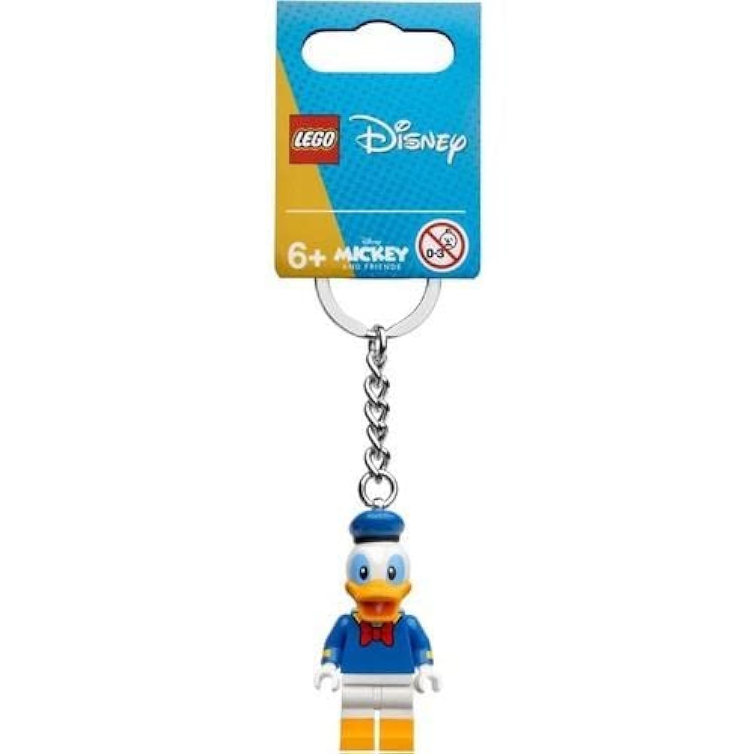 LEGO Disney Donald Duck key chain with minifigure, ideal for keys and backpack charm.