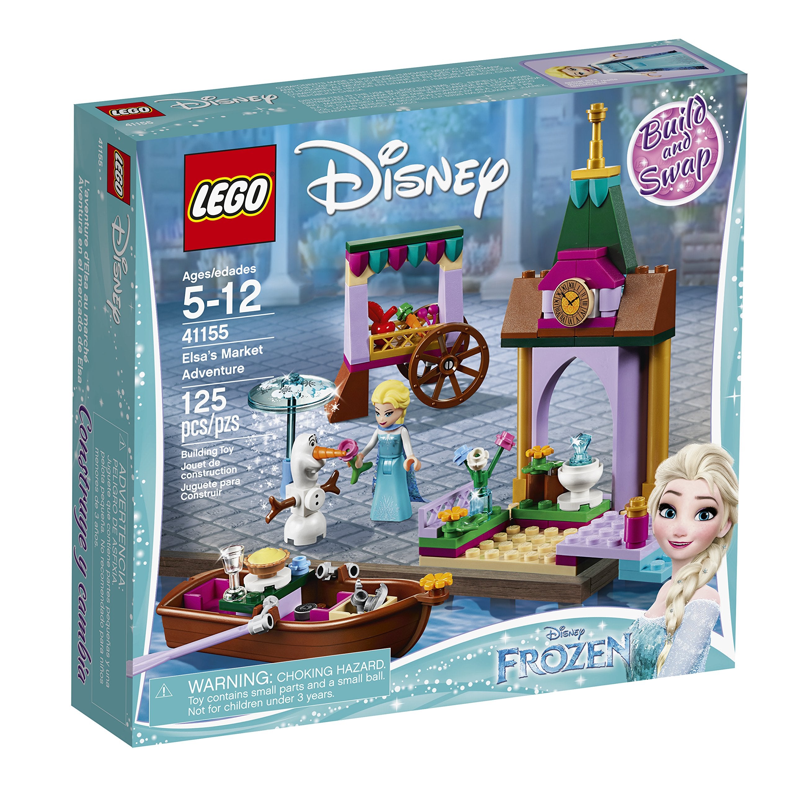 LEGO Disney Elsa's Market Adventure Olaf figure adds whimsy with snow flurry for creative scenarios.