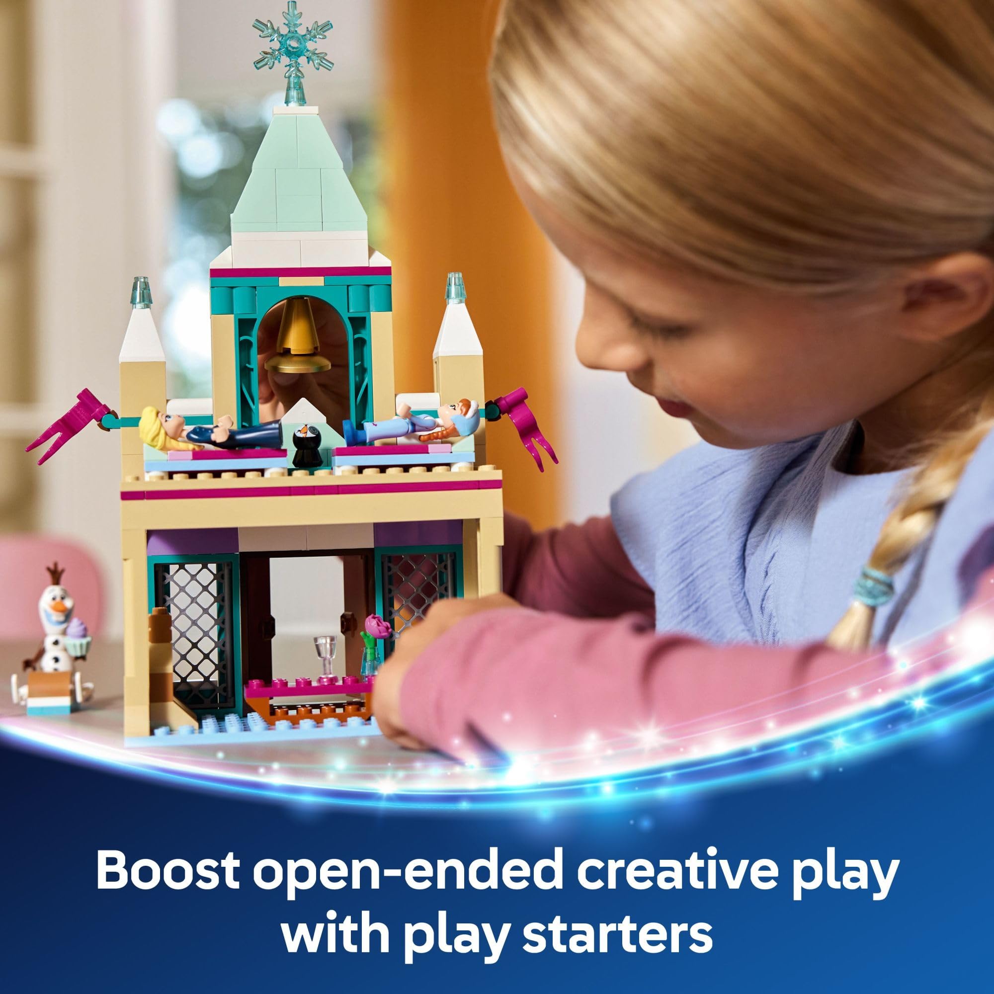 LEGO Disney Frozen Olaf snowman figure, adds charm to castle scenes.