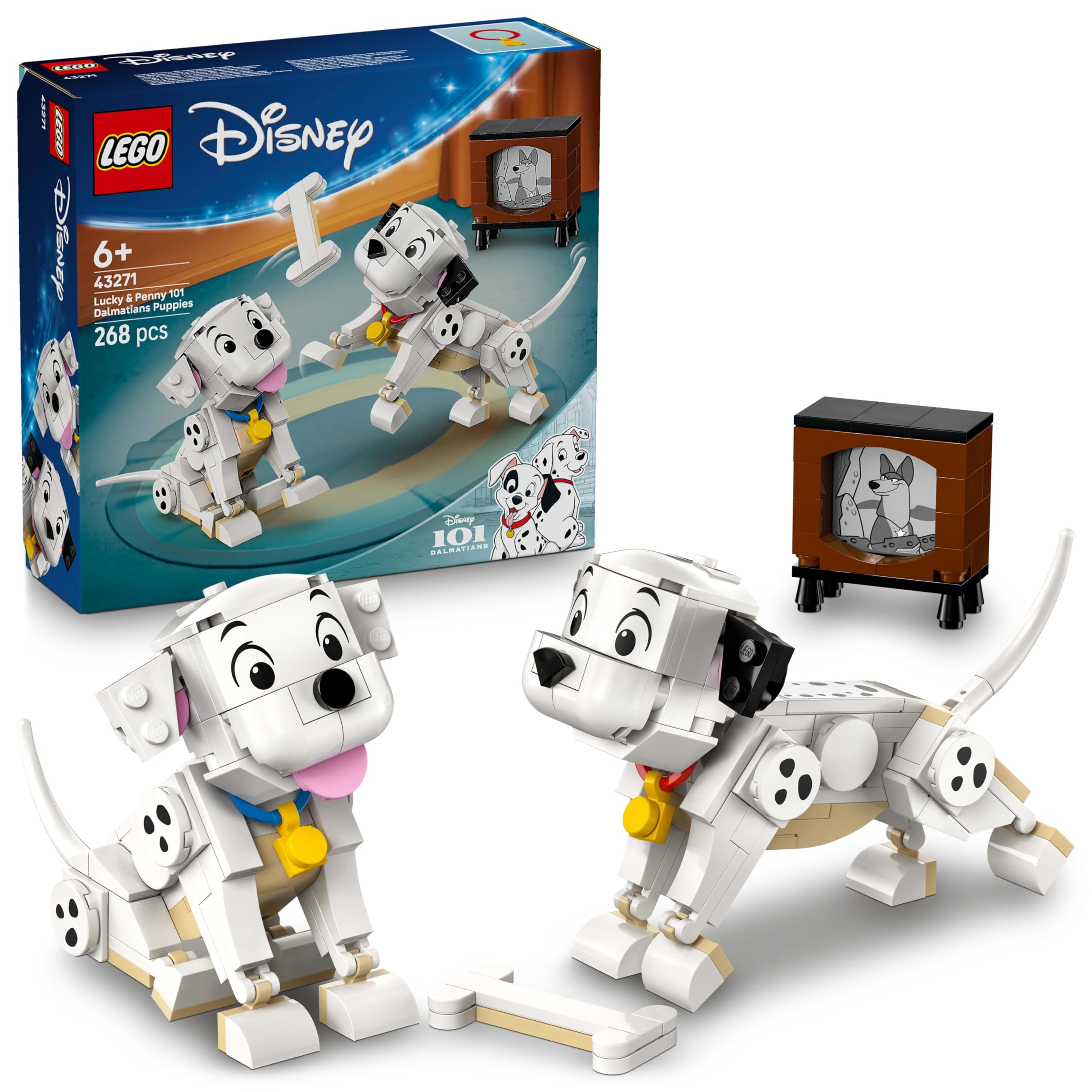 LEGO Disney Lucky and Penny puppies front view for display and play.
