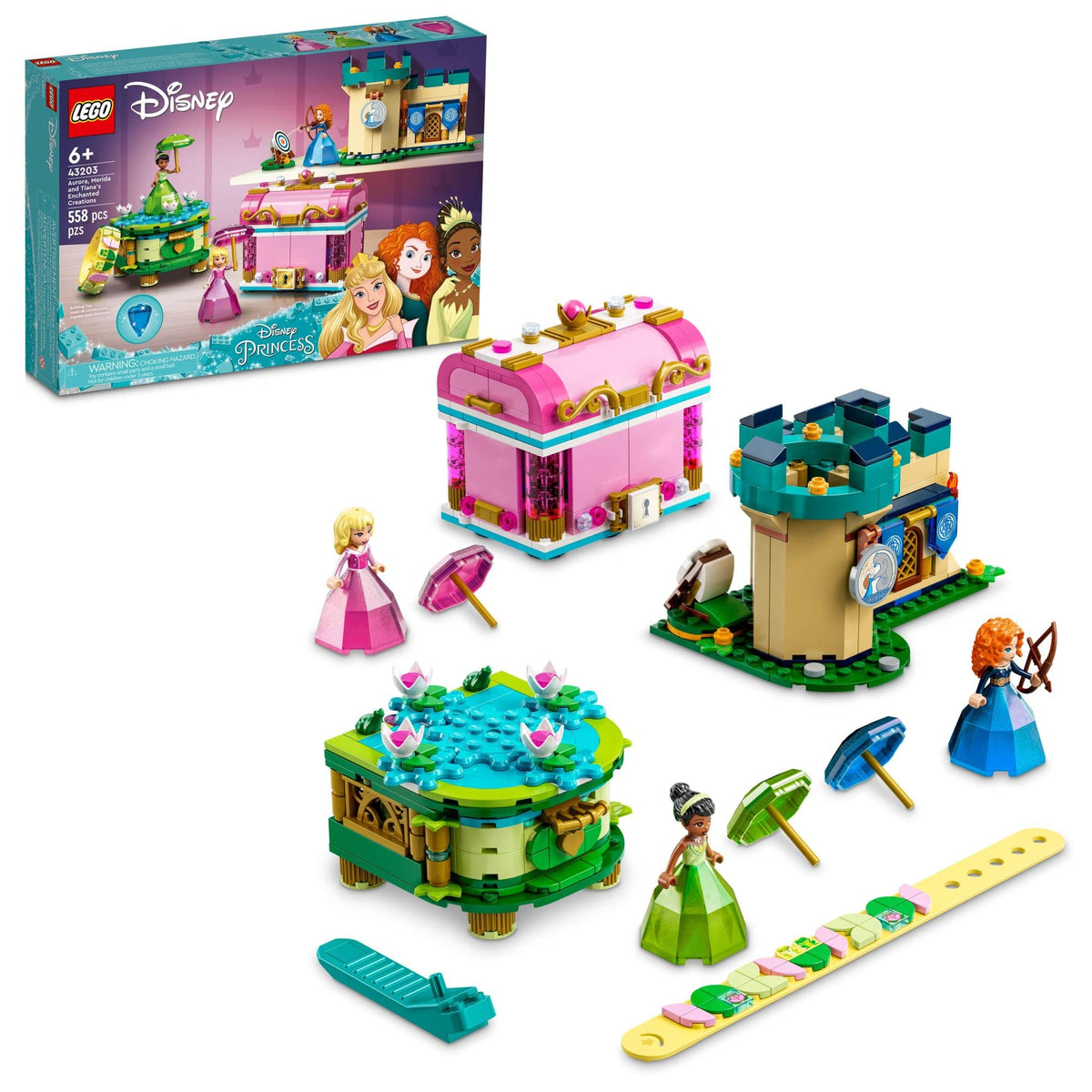 LEGO Disney Princess dolls in diamond dresses invite imaginative storytelling.