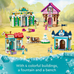 LEGO Disney Princess Market Adventure fountain and bench create a charming backdrop for pretend scenes.