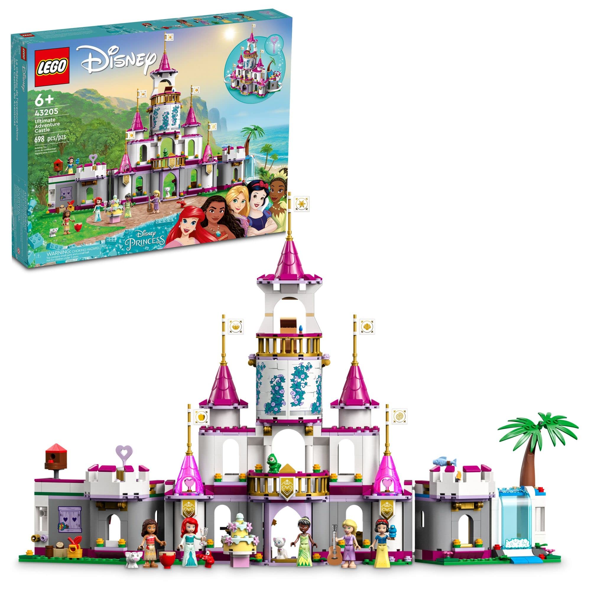 LEGO Disney Princess Ultimate Adventure Castle front view with five princess mini-dolls for creative play