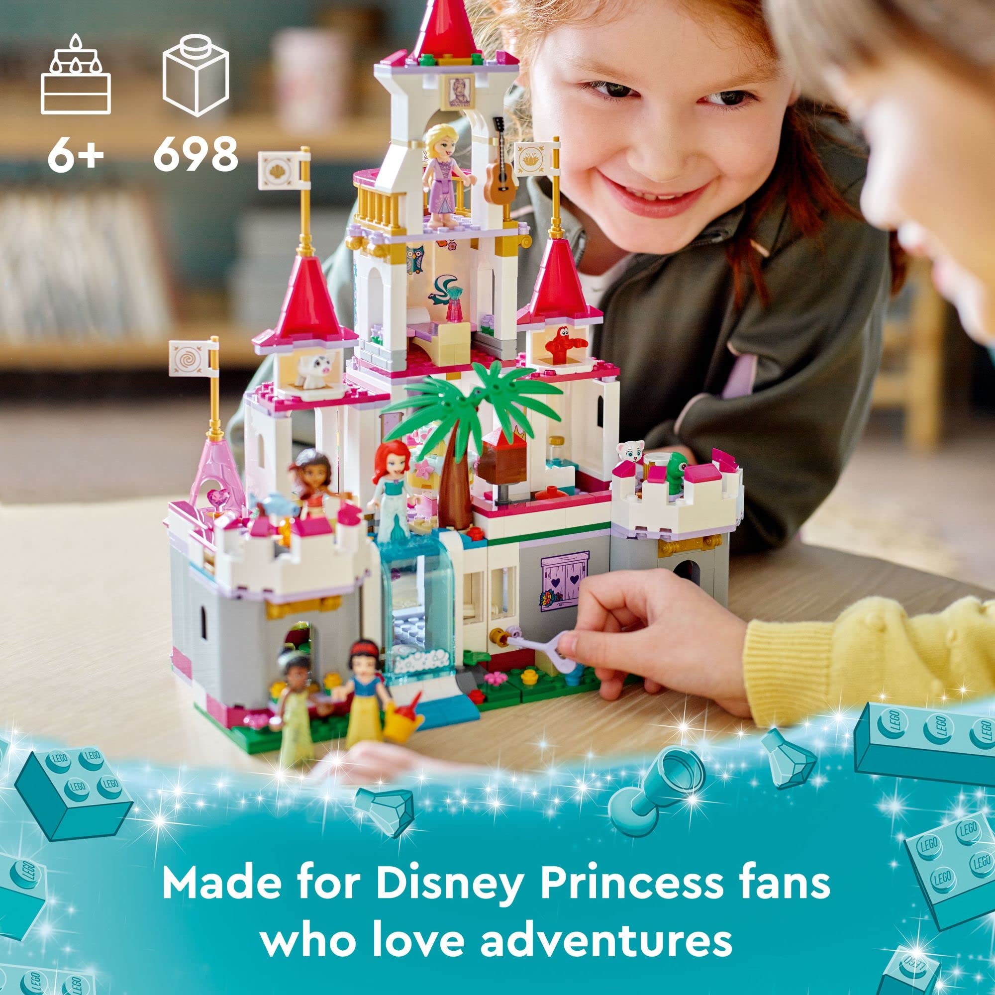 LEGO Disney Princess Ultimate Adventure Castle interior with open doors and bedrooms for storytelling