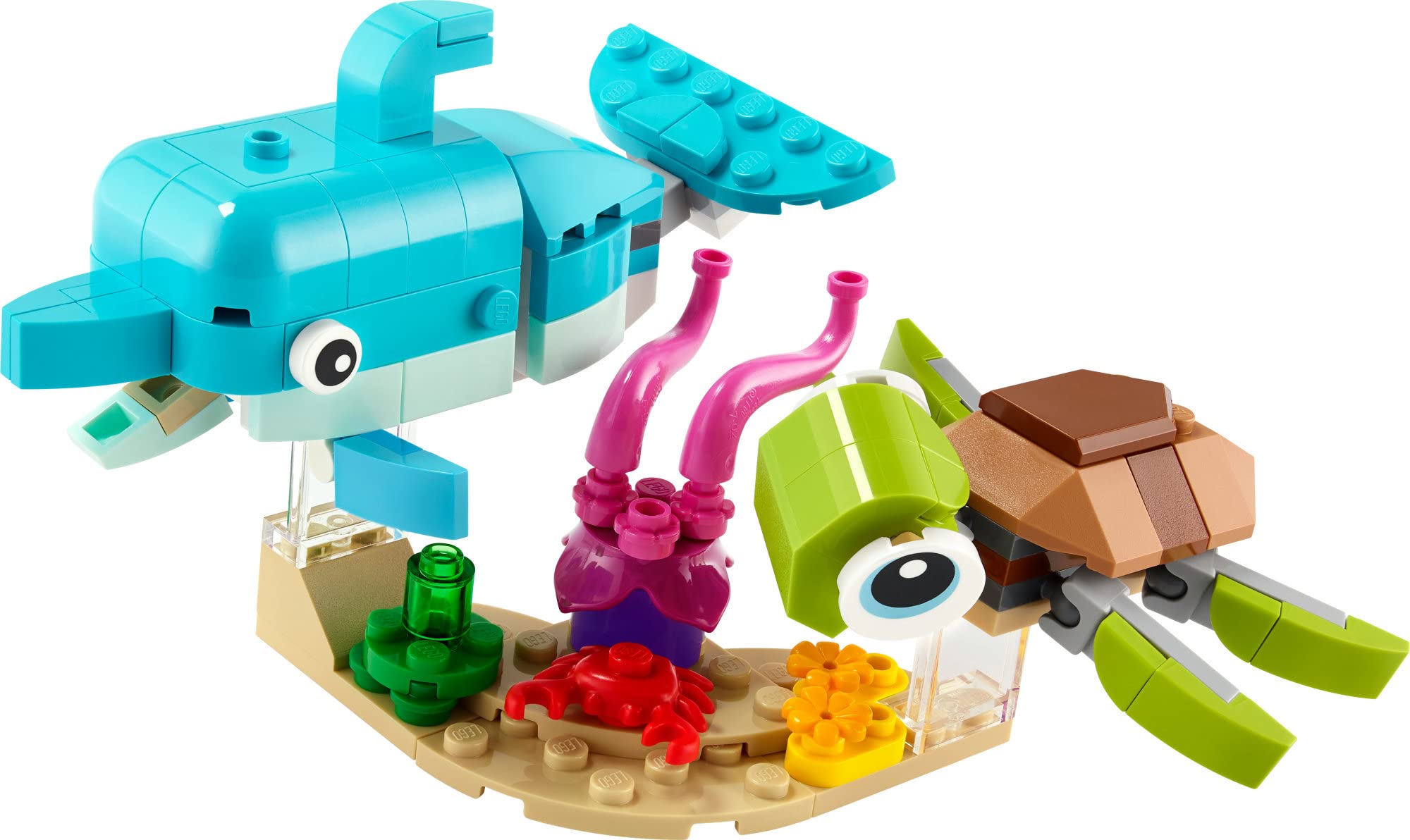 Display stand holds LEGO Dolphin and Turtle for easy bedroom display.