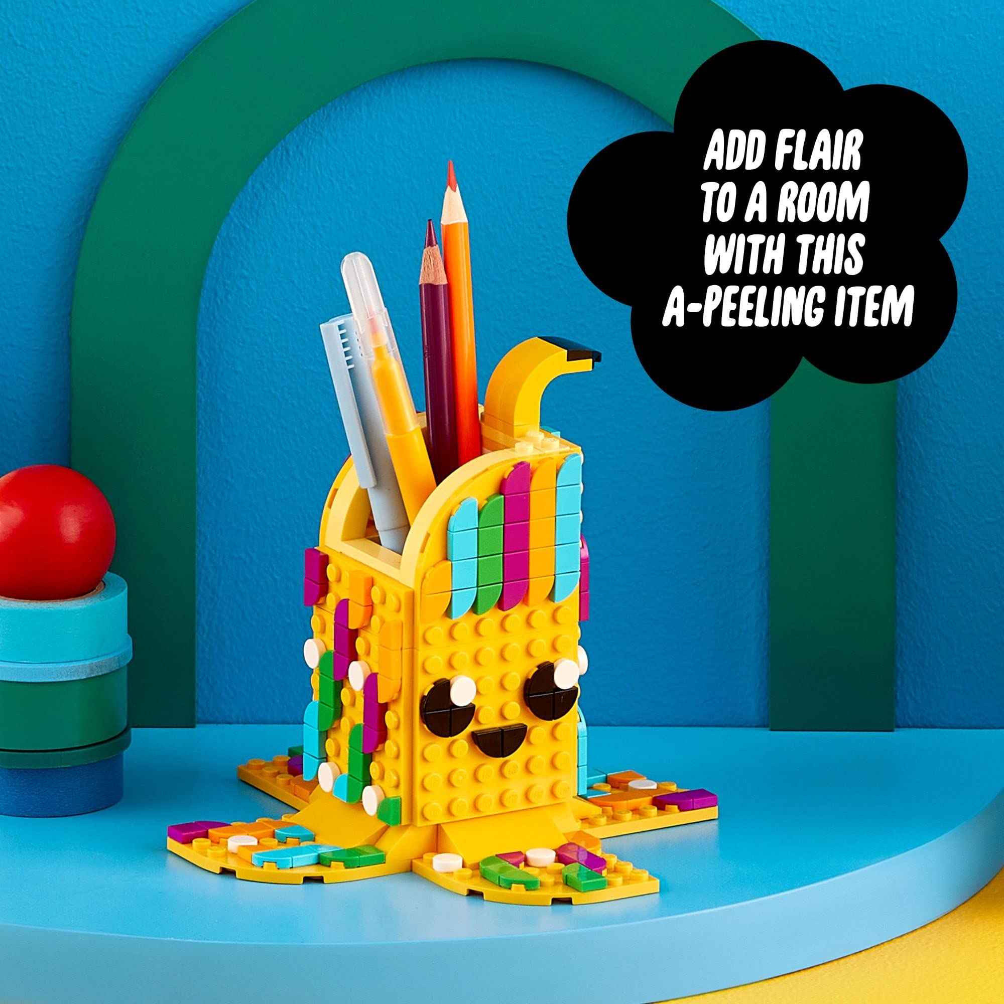 LEGO DOTS Banana with smiling face demonstrates cheerful customization possibilities.