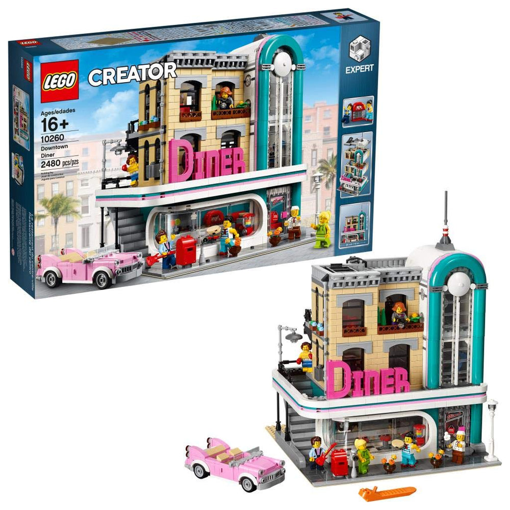 LEGO Downtown Diner pink convertible car adding nostalgic street scene charm