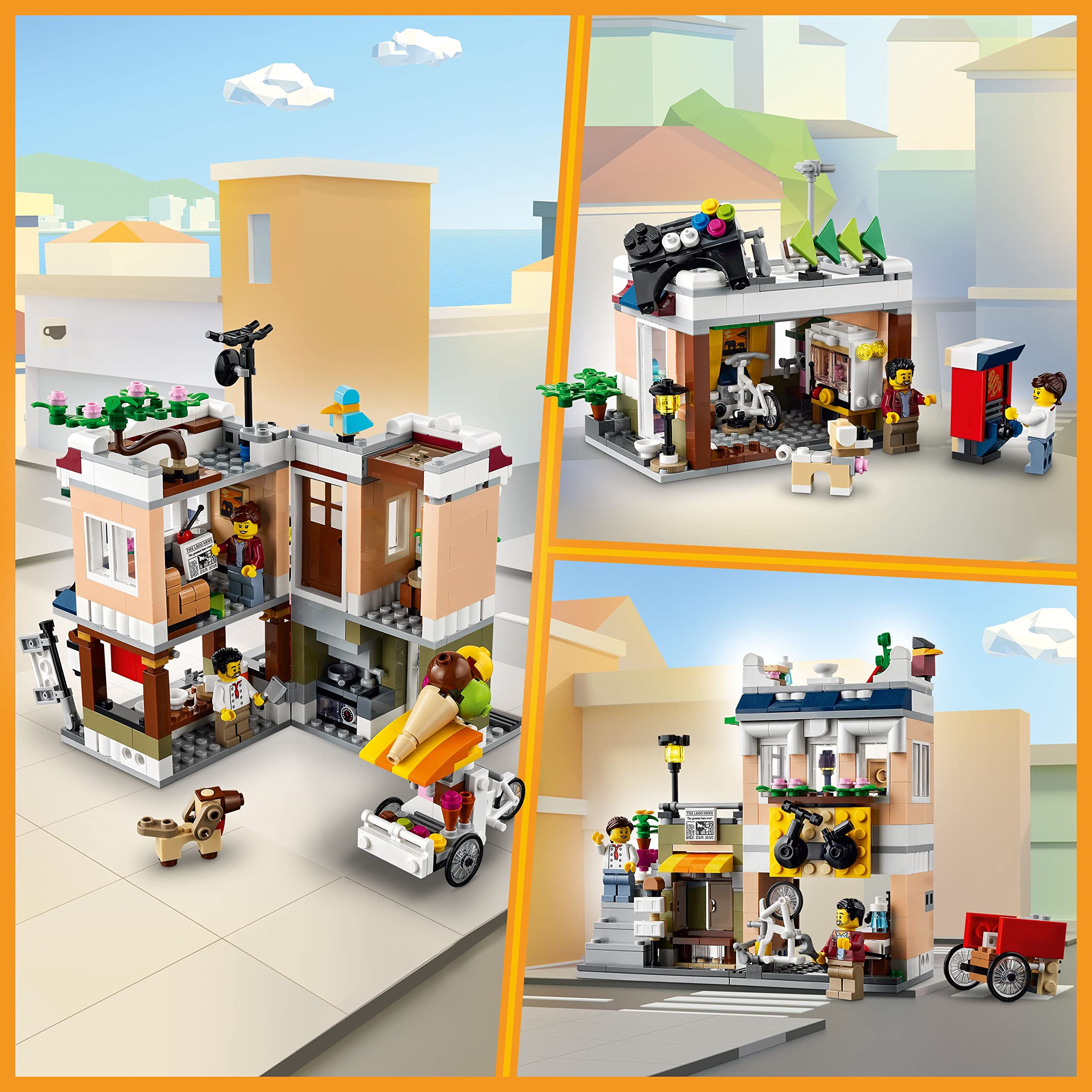 LEGO Downtown Noodle Shop Bike Shop view highlighting transition to a bike shop and art studio.