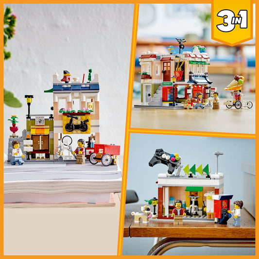 LEGO Downtown Noodle Shop House back opens for accessible interior play and rebuilding.
