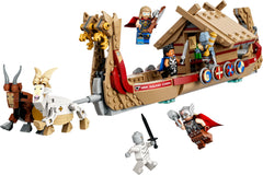 LEGO drakkar sails in flight with sunlit cabin interior