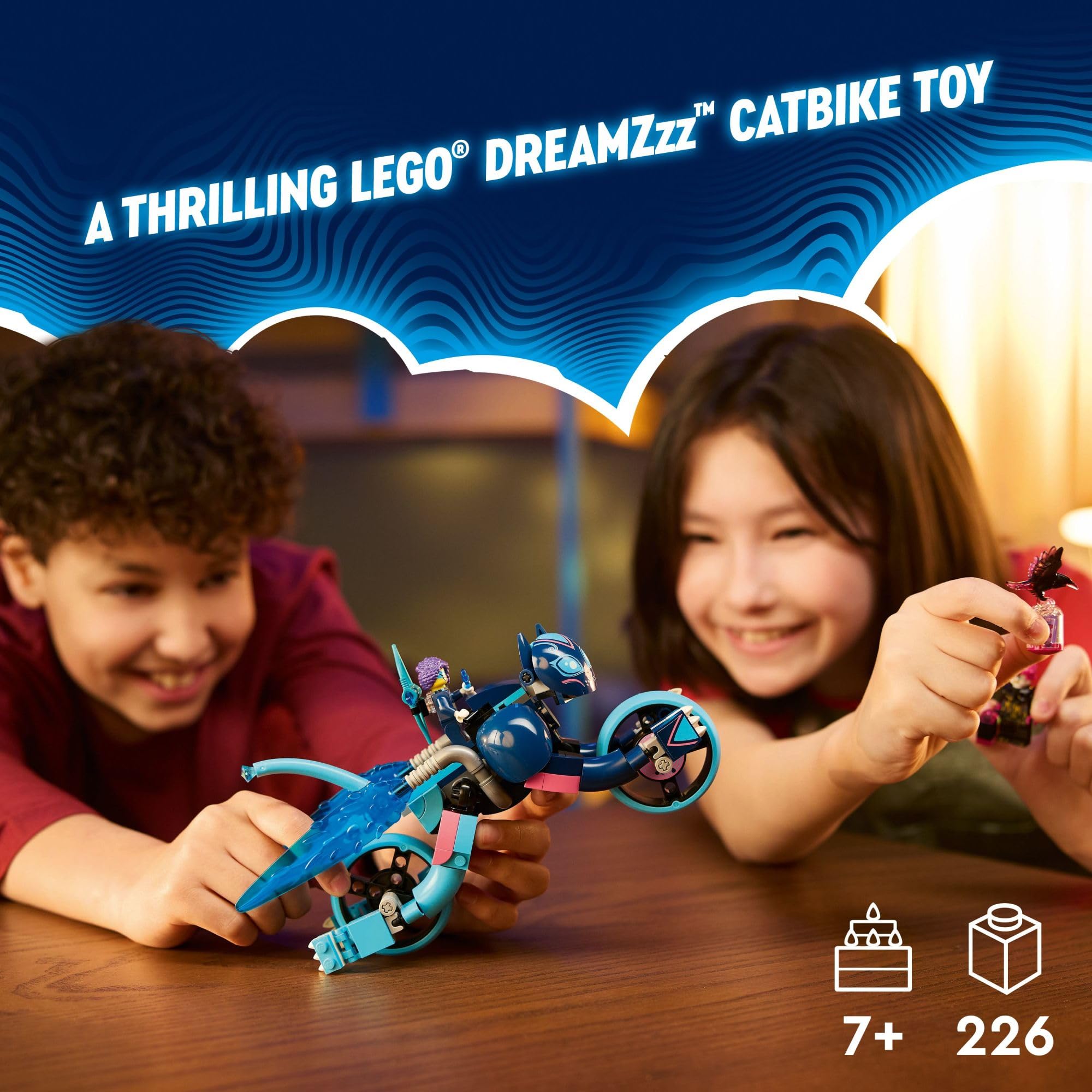 LEGO DREAMZzz catbike mode shows rolling wheels for creative play.