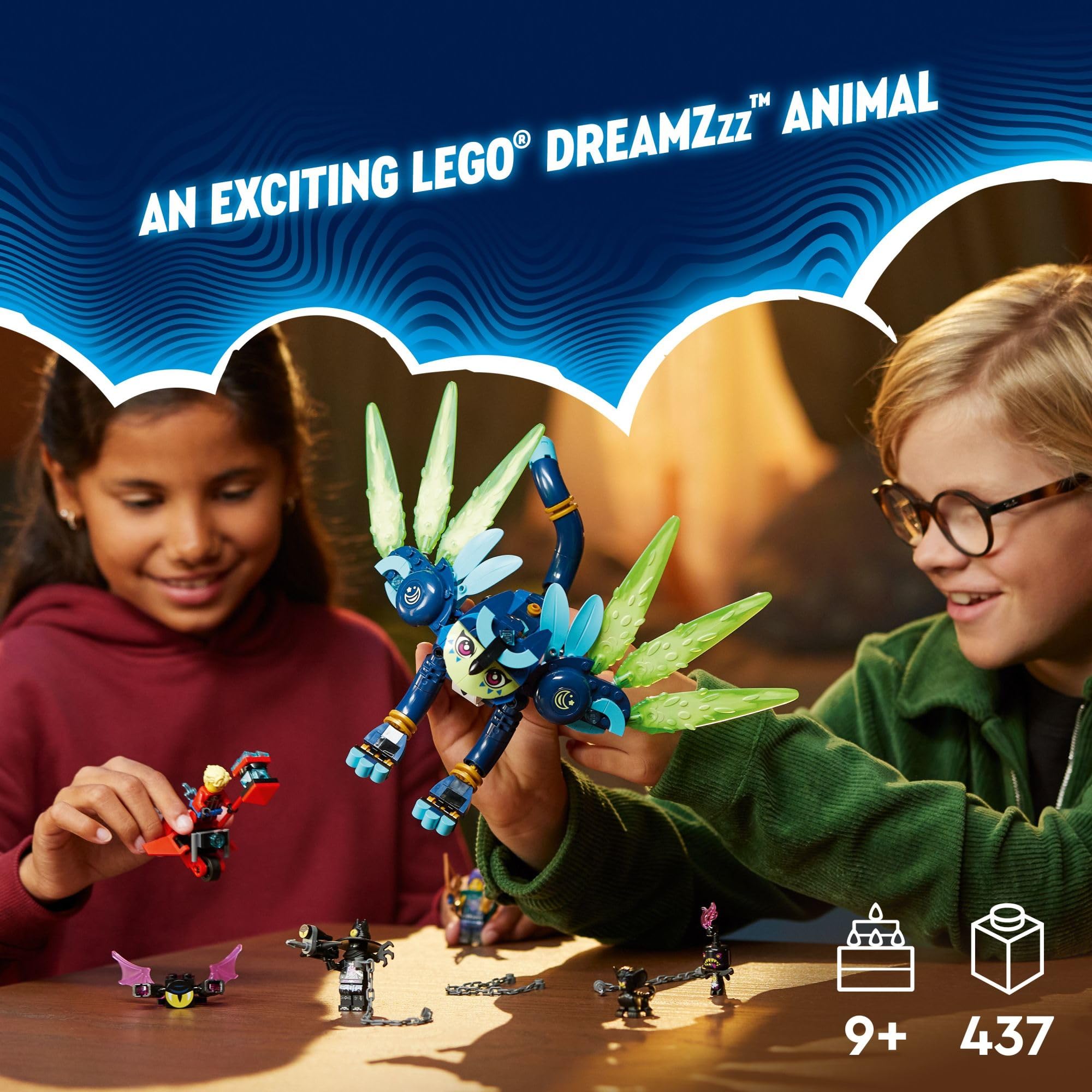 LEGO DREAMZzz Zoey and Zian cat-peacock build sparks dynamic flight-style storytelling.
