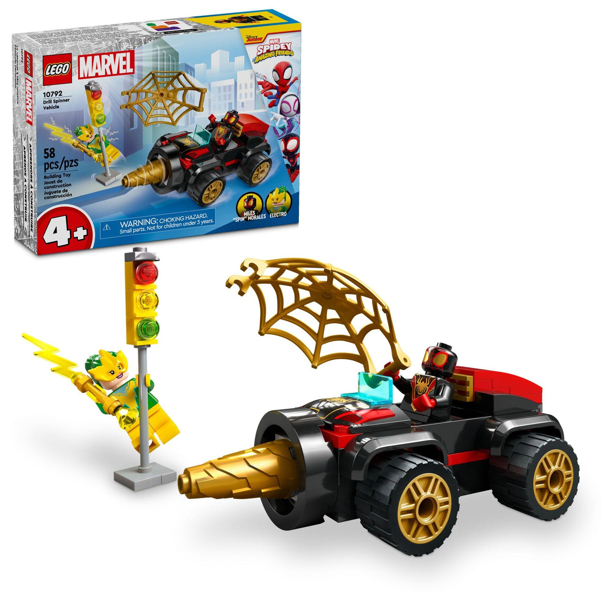 LEGO Drill Spinner Vehicle featuring Miles Morales; rotating drill for imaginative play.