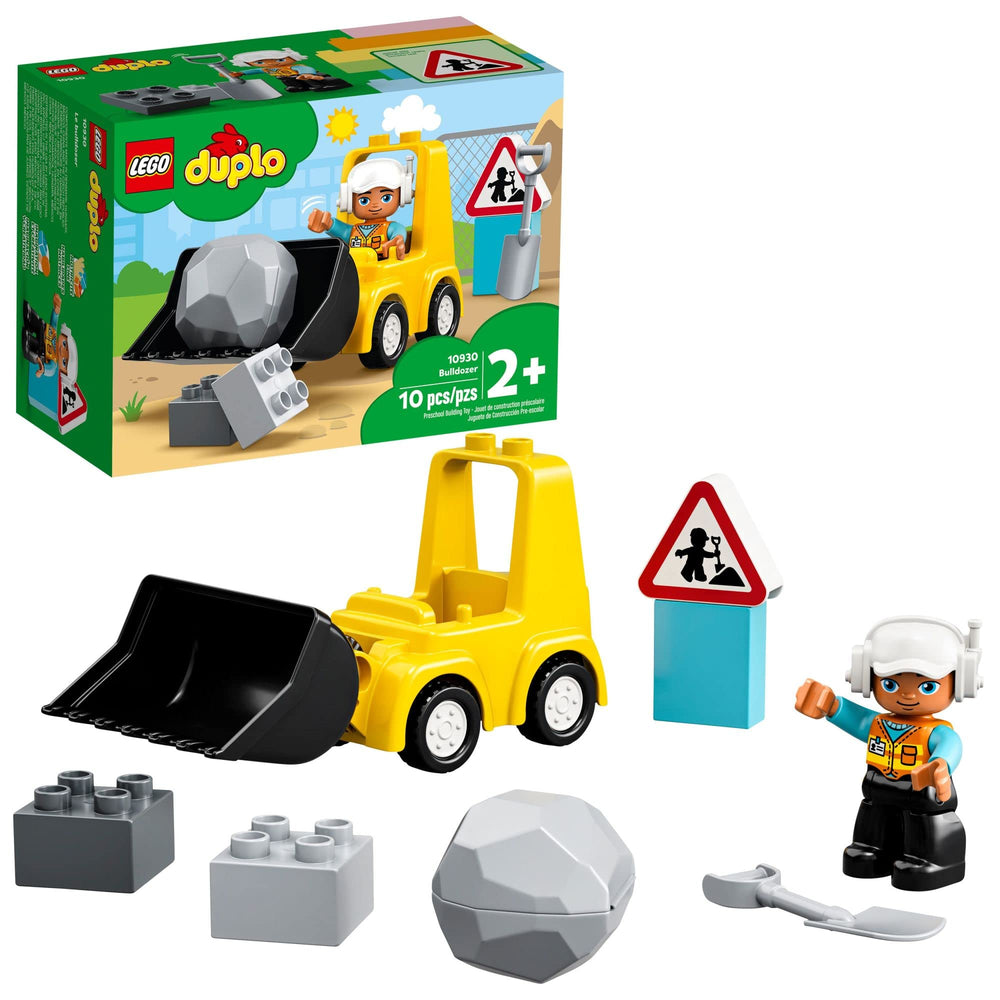 LEGO DUPLO bulldozer front view with moving scoop for imaginative play.
