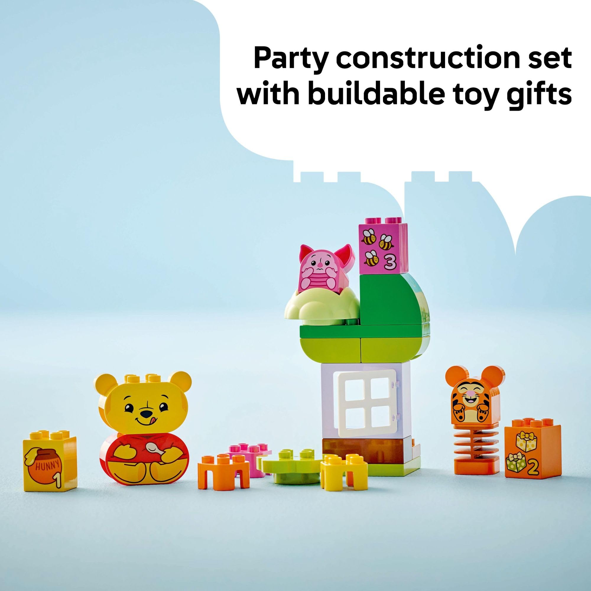 LEGO DUPLO colorful gifts and bricks for early counting practice.