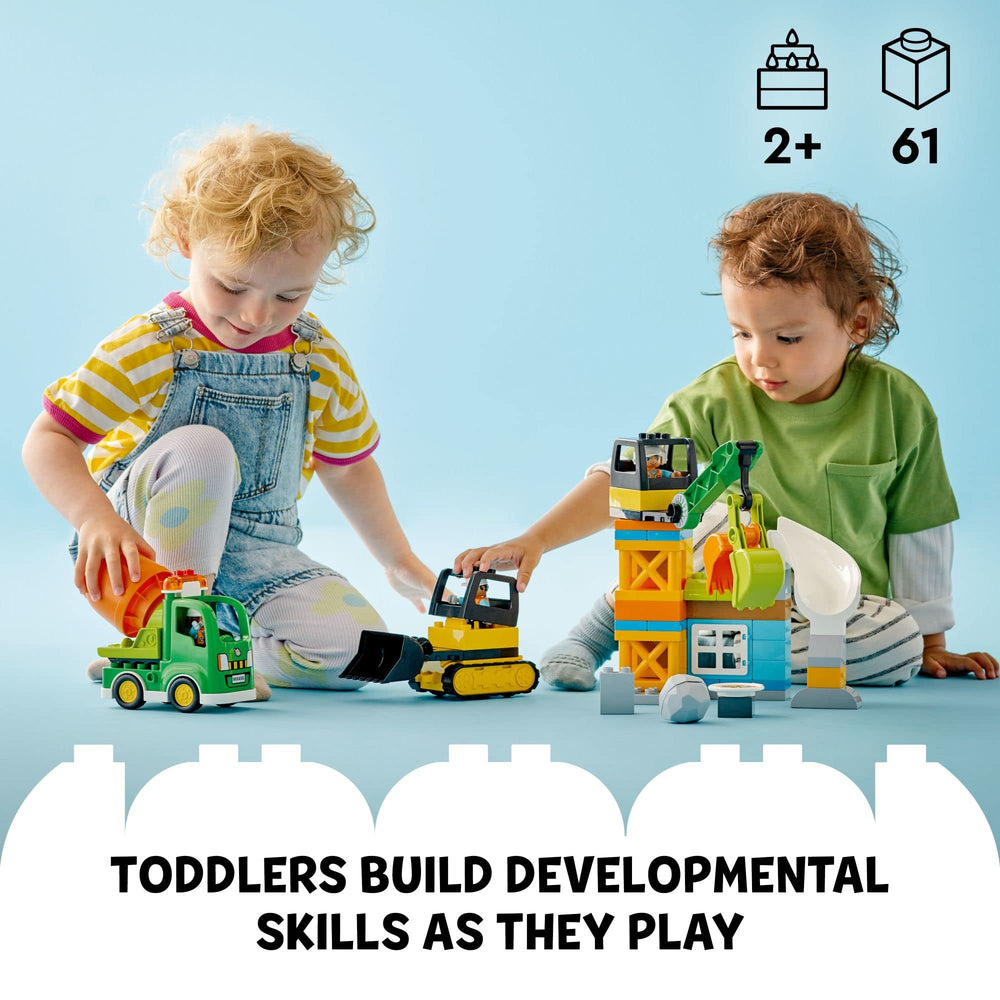 LEGO DUPLO Construction Site crane lifting blocks to encourage role-play and problem-solving.