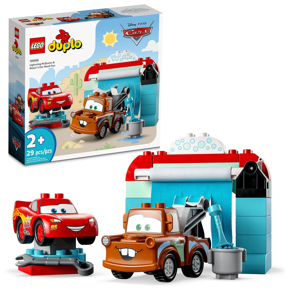 LEGO DUPLO Disney Lightning McQueen and Mater car wash set with two drivable cars for toddlers.