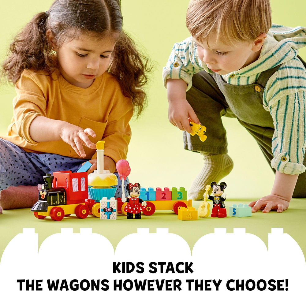 Gifts and balloons add festive décor to LEGO DUPLO train scenes.