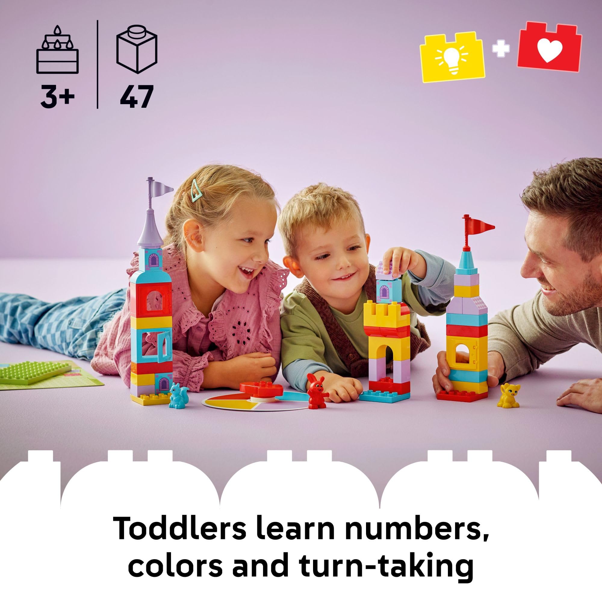 LEGO DUPLO Hopsy's Castle Game spinner promotes turn-taking and planning.