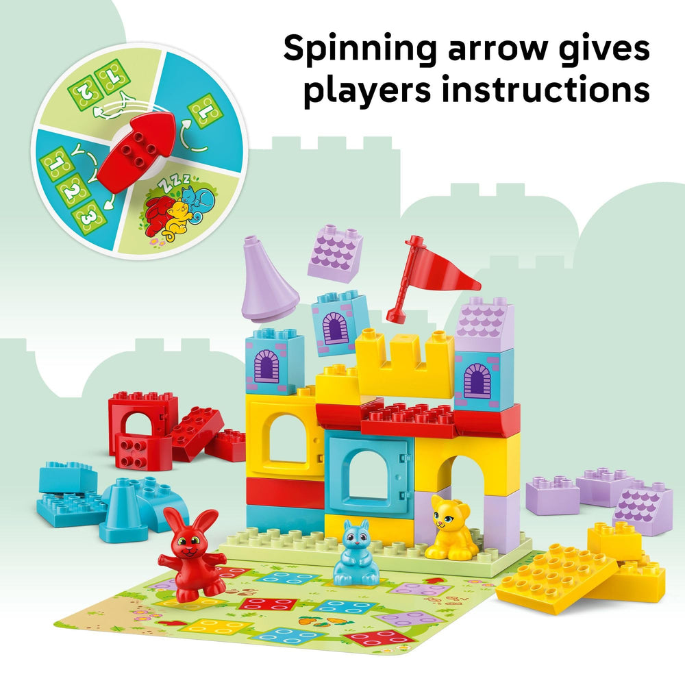 LEGO DUPLO Hopsy's Castle Game tower-building encourages balance and spatial awareness.