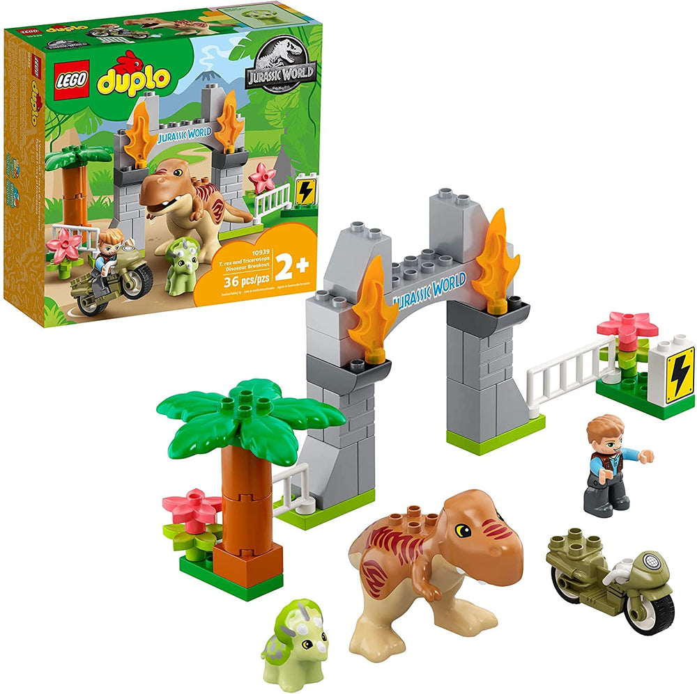 LEGO DUPLO Jurassic World Breakout entrance gates for dynamic imaginative play.