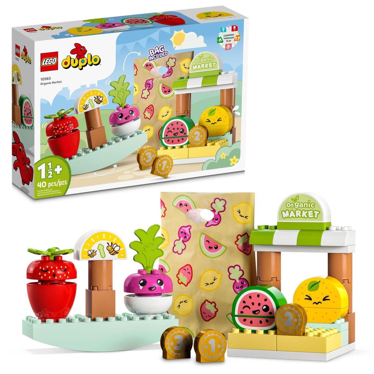 LEGO Duplo Organic Market stall with colorful fruits invites pretend shopping.