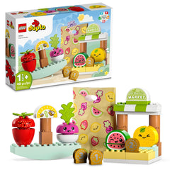LEGO Duplo Organic Market stall with colorful fruits invites pretend shopping.