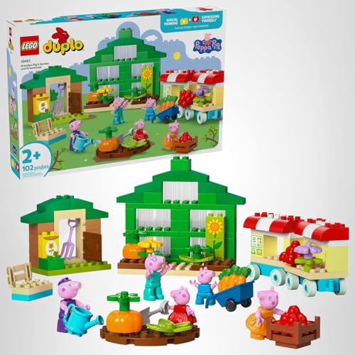 Five-figure set with Peppa family members supports cooperative garden adventures.