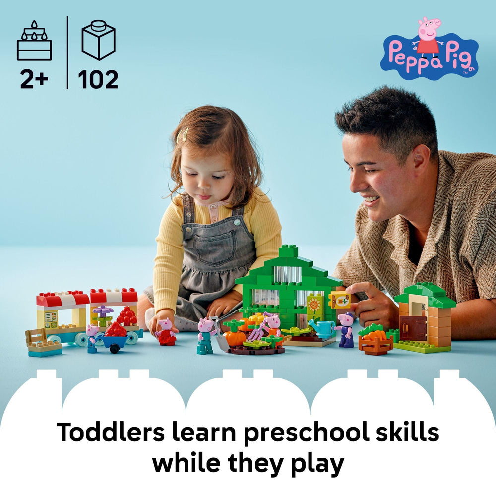Close-up of tools and greenhouse with LEGO DUPLO Peppa Pig characters for hands-on learning.