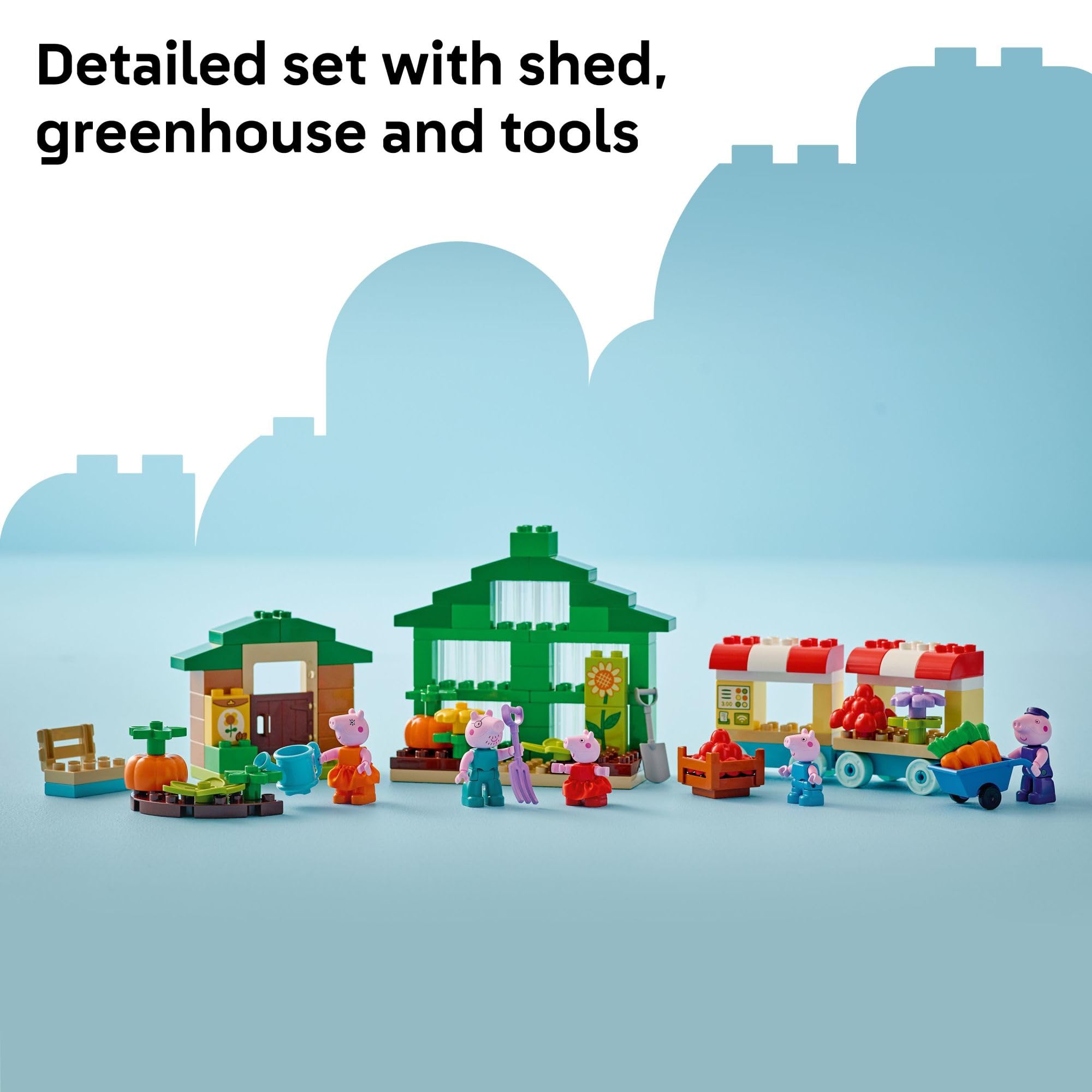 Shed door opening showing gardening tools and storage for early-role play.