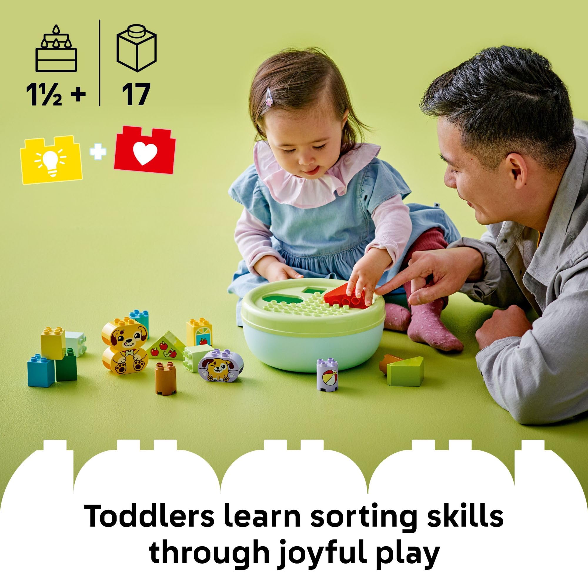 LEGO DUPLO Puppy House doggy bowl focus enhances sorting play and problem solving for toddlers.