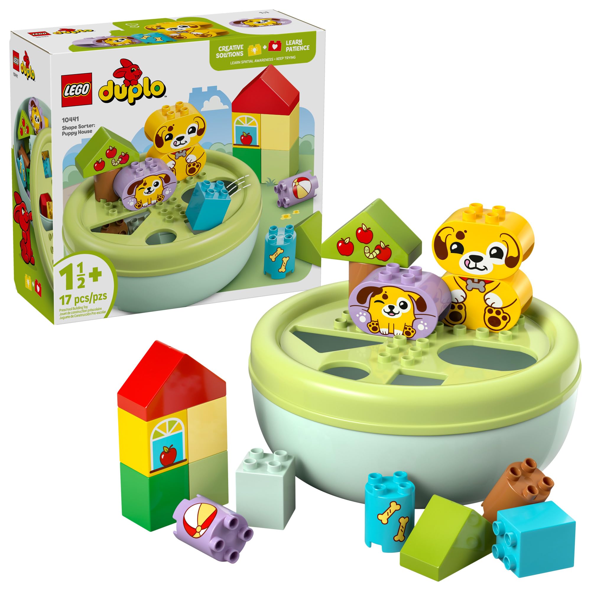 LEGO DUPLO Puppy House lid sorter supports early shape recognition and fine motor skill practice.