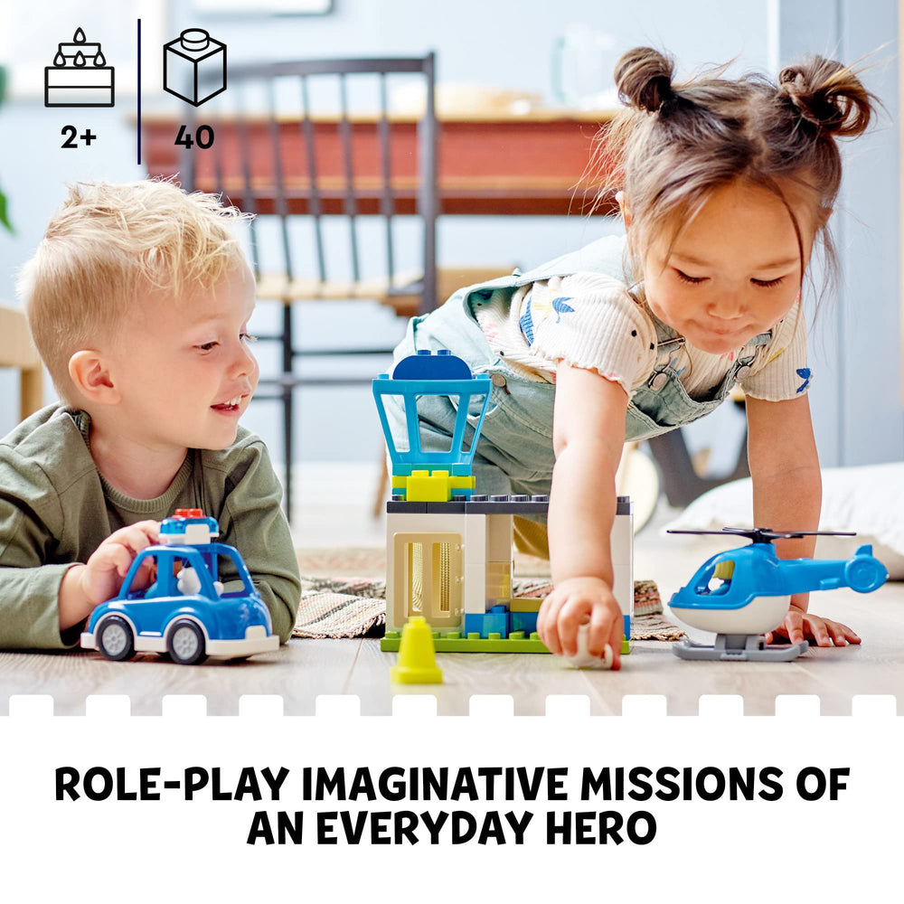 LEGO DUPLO Rescue Police Station police helicopter with spinning rotor blades enables dynamic aerial play