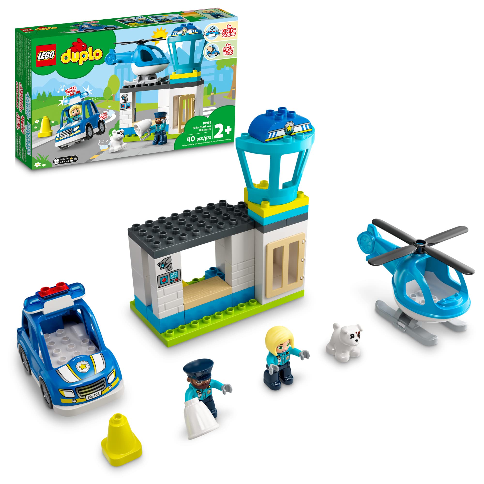 LEGO DUPLO Rescue Police Station push‑and‑go car with lights boosts imaginative play and motor skills