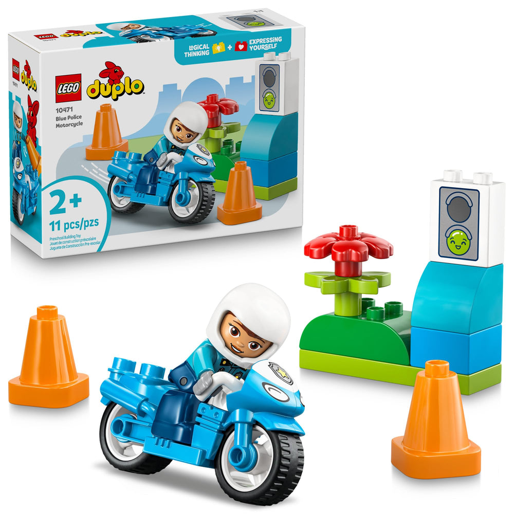 LEGO DUPLO Town Blue Police Motorcycle 10471 motorcycle for imaginative play and storytelling.
