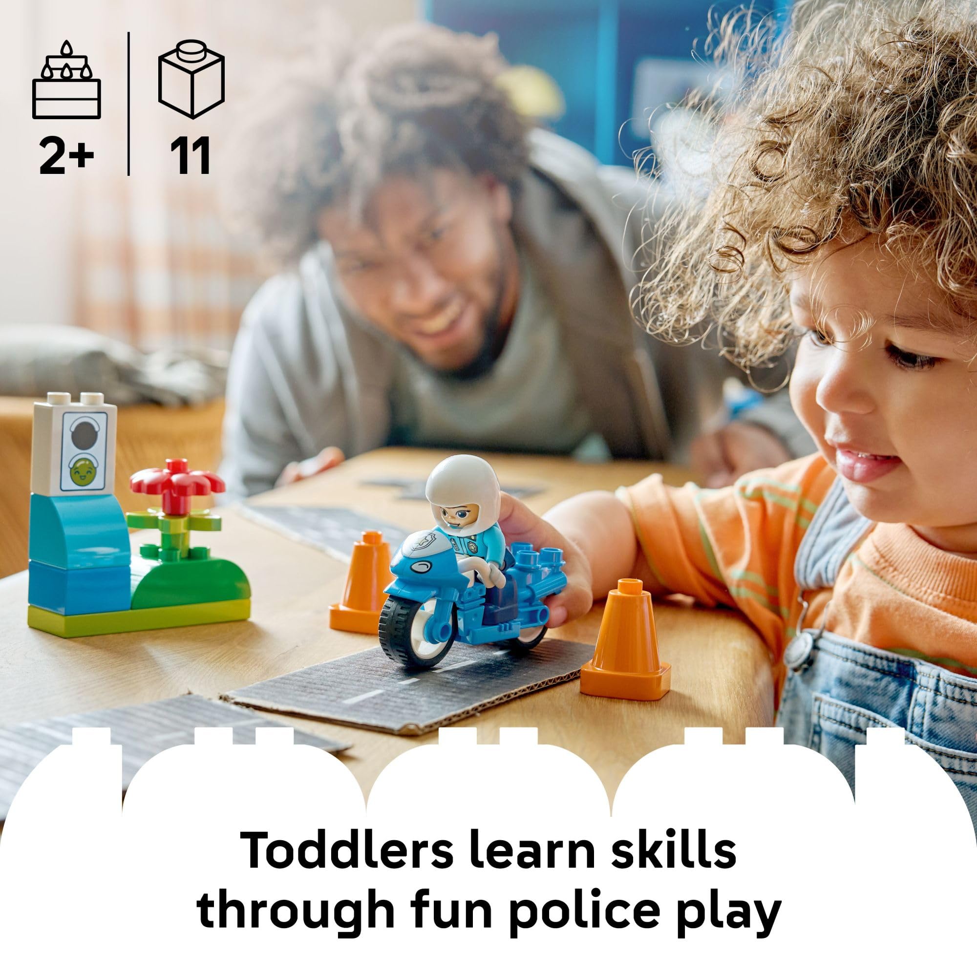 LEGO DUPLO Town Blue Police Motorcycle 10471 officer figure and helmet promote role-play.