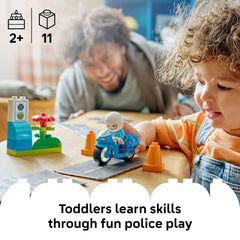 LEGO DUPLO Town Blue Police Motorcycle 10471 officer figure and helmet promote role-play.