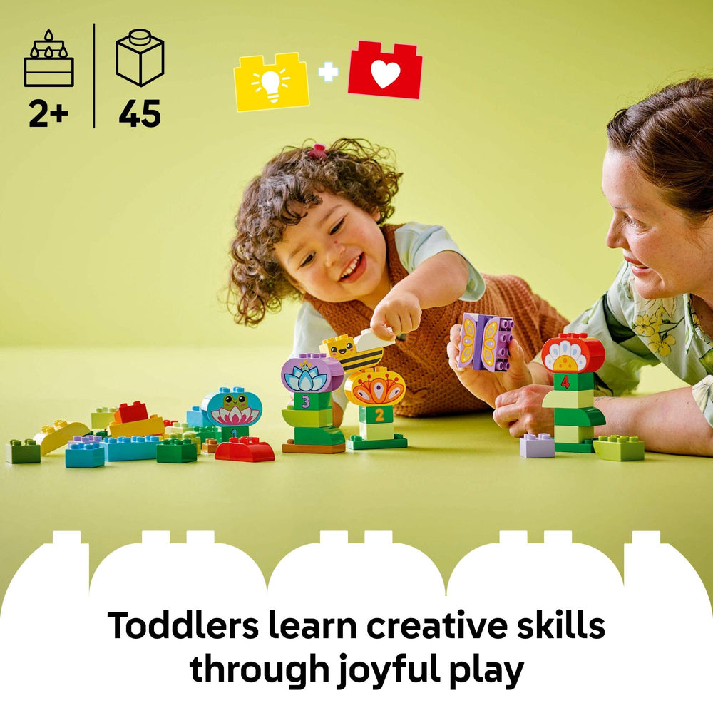 LEGO DUPLO Town figures including frog, butterfly, and bee for garden storytelling.