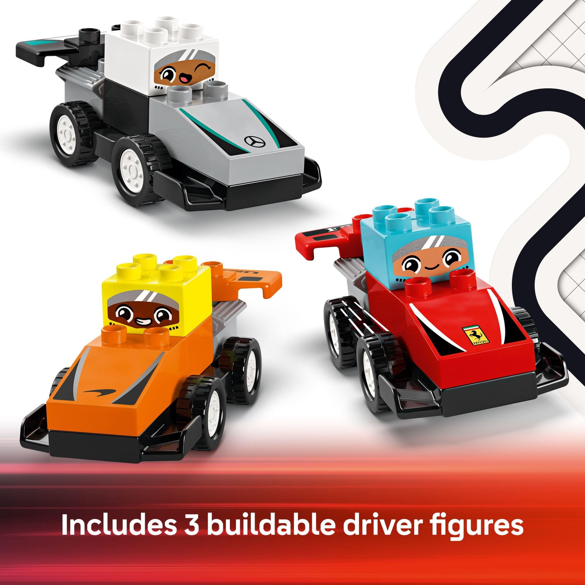 LEGO DUPLO Town F1 set promotes open-ended play and color-based team identification.