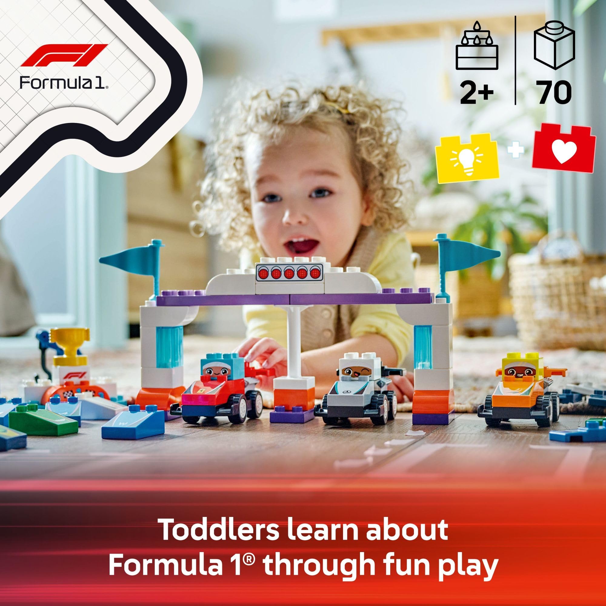LEGO DUPLO Town F1 driver bricks encourage color recognition and pretend pit crew play.